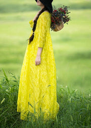 Organic O Neck Cinched Long Shirts Lnspiration Yellow Print Kaftan Dresses - SooLinen