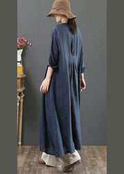 Organic O Neck Patchwork Spring Outfit Wardrobes Navy Maxi Dresses - SooLinen