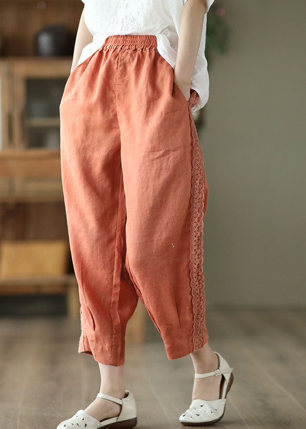 Organic Orange Elastic Waist Patchwork Lace Linen Harem Pants Spring