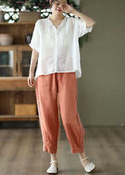 Organic Orange Elastic Waist Patchwork Lace Linen Harem Pants Spring