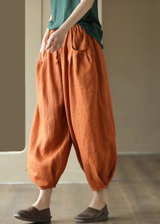 Organic Orange Elastic Waist Solid Linen Crop Pants