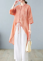 Organic Orange Embroidered Linen Shirt Top Half Sleeve