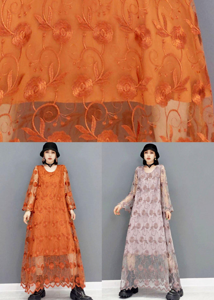 Organic Orange Fashion O-Neck Long Sleeve Lace Fall Dress - SooLinen