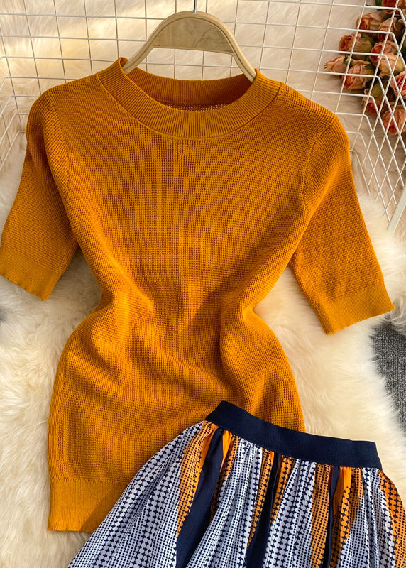 Organic Orange Knit Top And Skirts Two Piece Set Women Clothing Summer