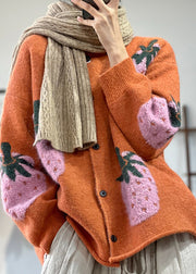 Organic Orange O Neck Jacquard Woolen Loose Cardigans Batwing Sleeve