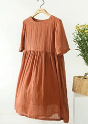 Organic Orange O Neck Wrinkled Patchwork Linen Dress Summer