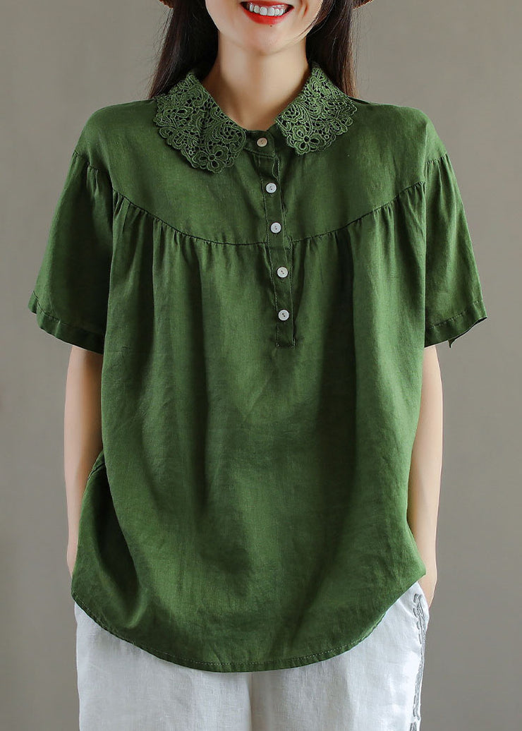 Organic Orange Peter Pan Collar Lace Patchwork Linen T Shirts Top Summer