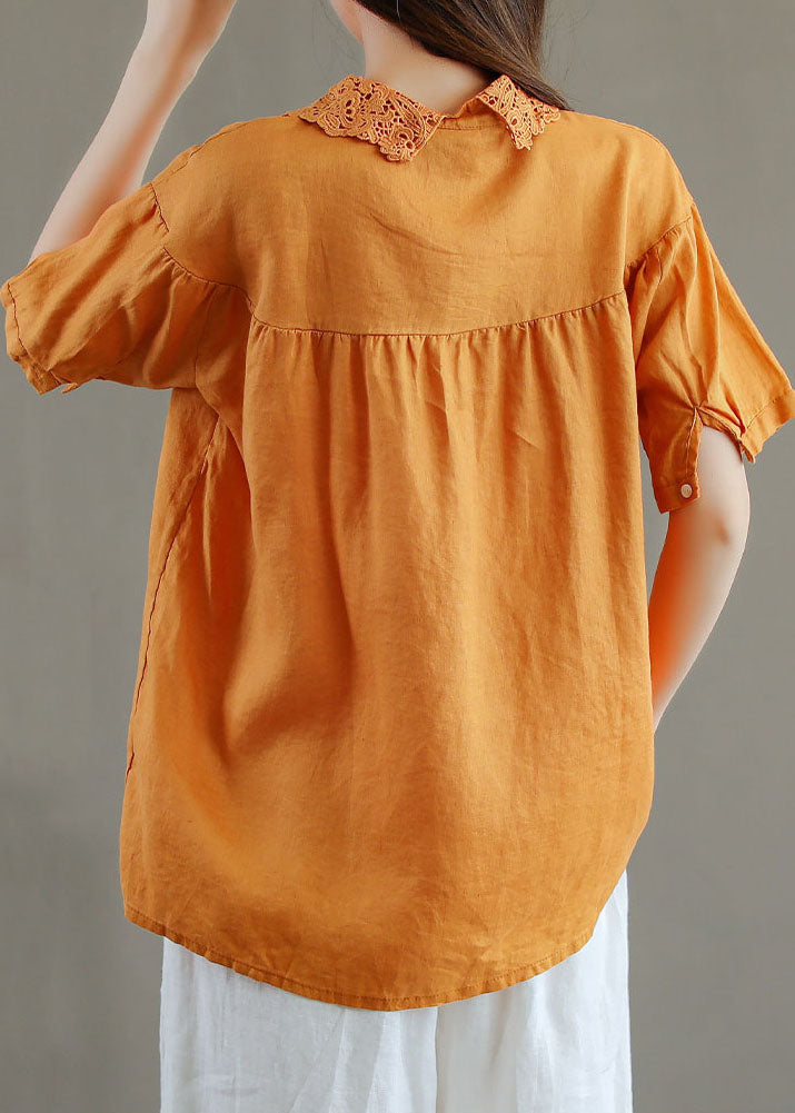 Organic Orange Peter Pan Collar Lace Patchwork Linen T Shirts Top Summer
