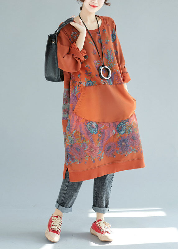 Organic Orange Pockets Patchwork Print Cotton Dresses Spring