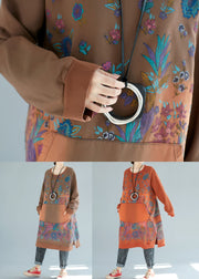 Organic Orange Pockets Patchwork Print Cotton Dresses Spring
