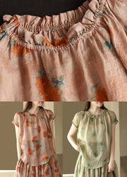 Organic Orange Ruffled Print Patchwork Linen T Shirt Top Summer