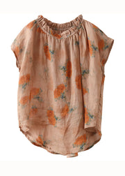 Organic Orange Ruffled Print Patchwork Linen T Shirt Top Summer