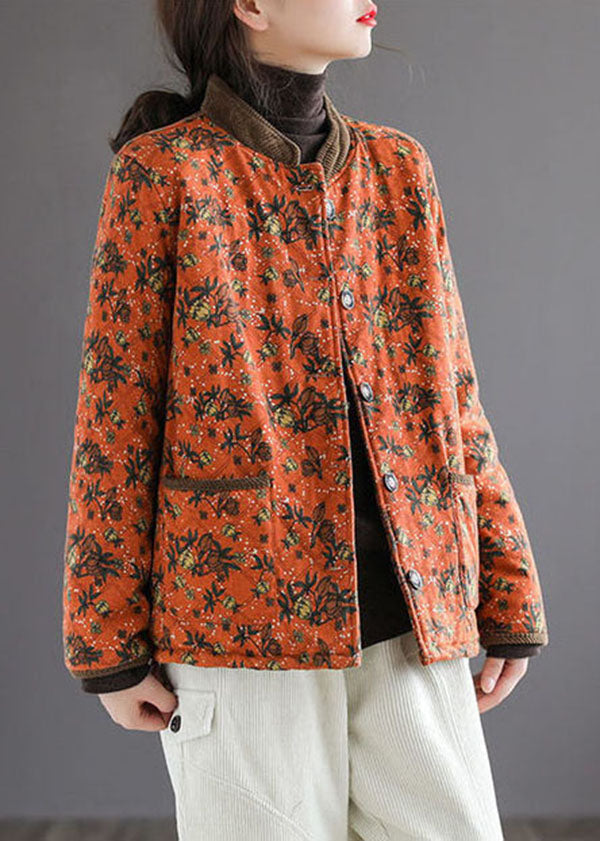 Organic Orange Stand Collar Print Warm Fleece Jacket In Winter