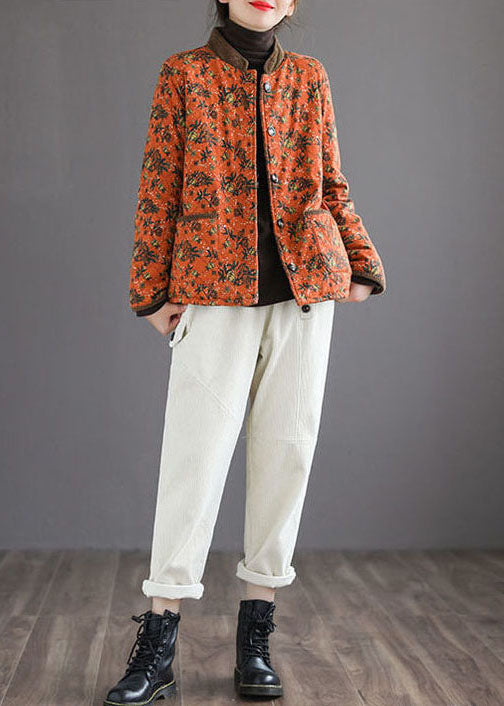 Organic Orange Stand Collar Print Warm Fleece Jacket In Winter