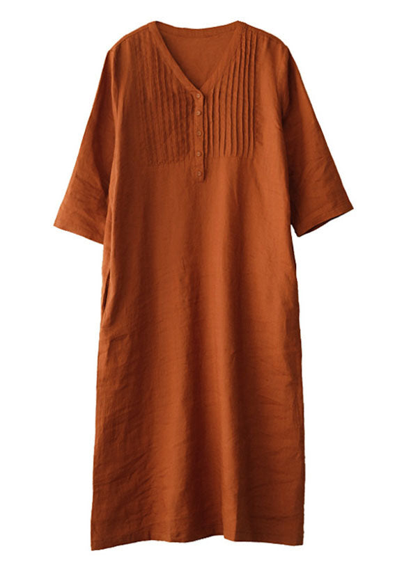 Organic Orange V-Ausschnitt, zerknittertes Leinen-Partykleid mit halben Ärmeln
