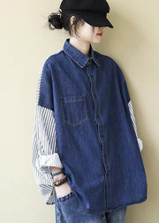 Organic Patchwork Shirts Women Denim Blue Tops - SooLinen