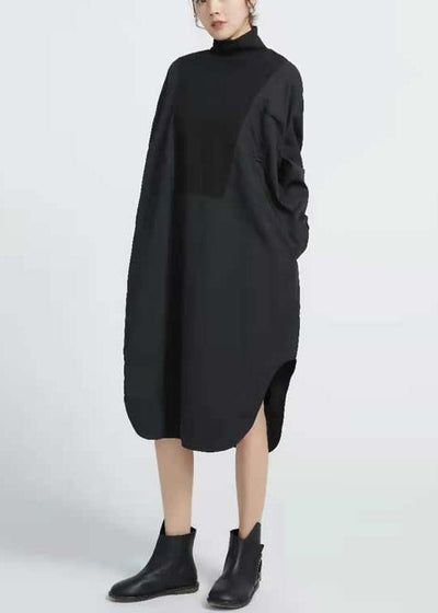 Organic Patchwork cotton Asymmetrical Hem Black Maxi Dresses - SooLinen