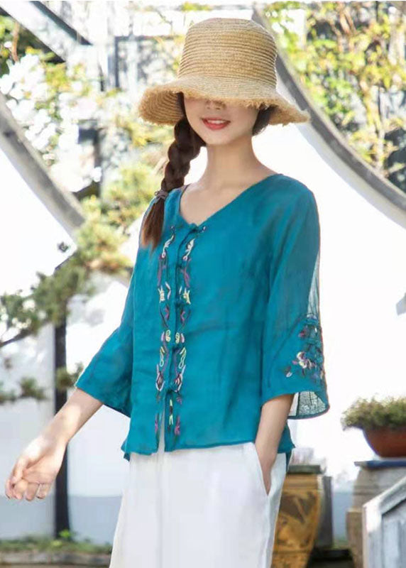 Organic Peacock blue Embroidered Linen Top Three Quarter sleeve