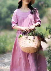 Organic Pink Clothes For Women O Neck Drawstring Summer Dresses - SooLinen