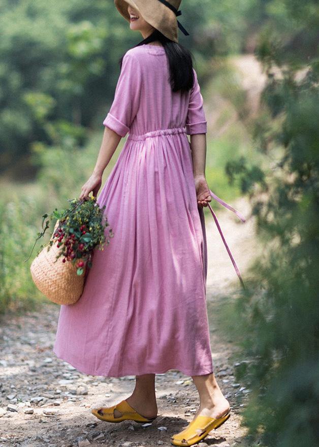 Organic Pink Clothes For Women O Neck Drawstring Summer Dresses - SooLinen