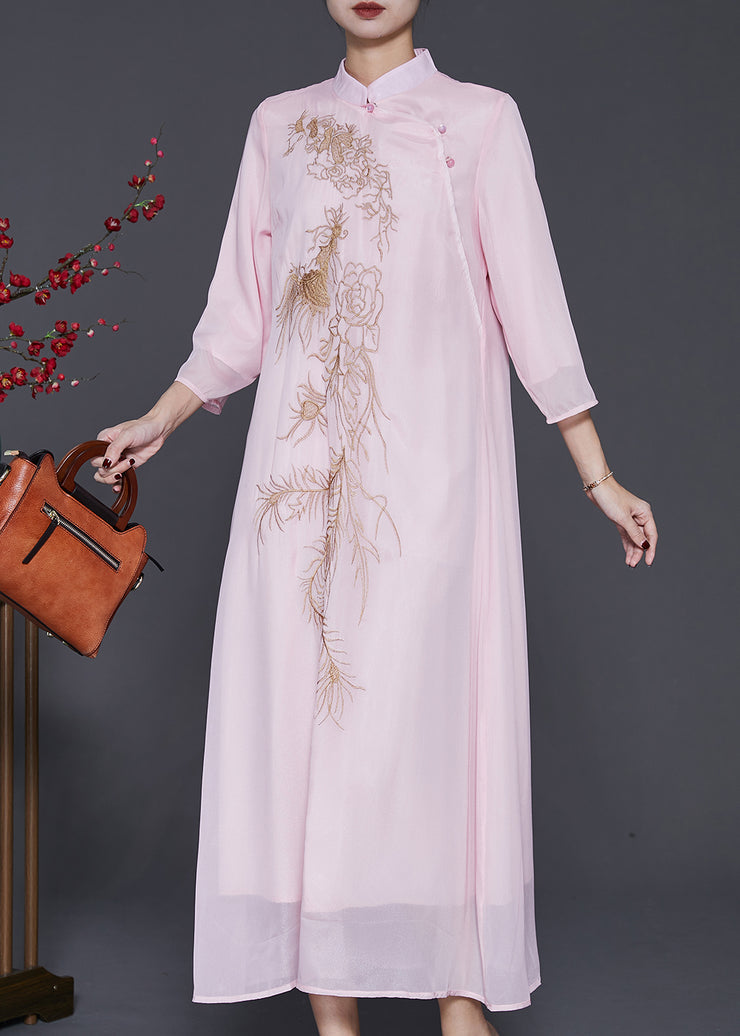 Organic Pink Embroidered Chiffon A Line Dress Bracelet Sleeve