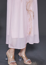 Organic Pink Embroidered Chiffon A Line Dress Bracelet Sleeve