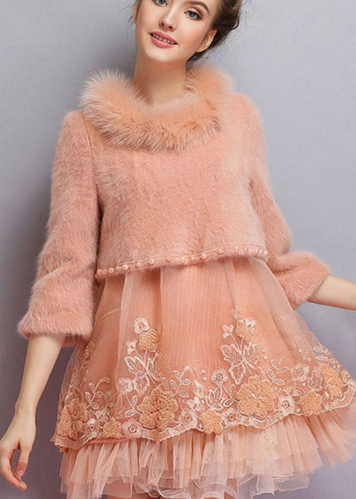 Organische rosa bestickte Nagelperle Mode Winter Pullover Kleid