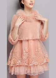 Organische rosa bestickte Nagelperle Mode Winter Pullover Kleid