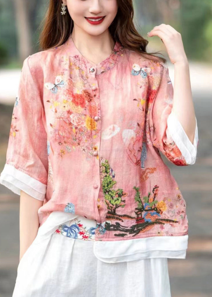 Organic Pink Embroidered Patchwork Print Linen Shirts Half Sleeve
