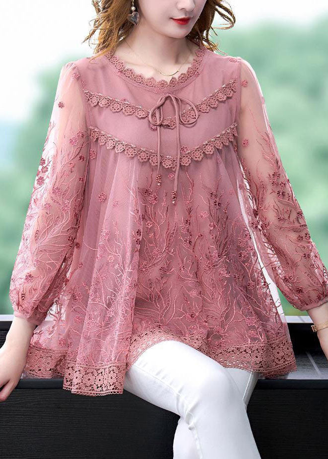 Organic Pink Embroidered Patchwork Tulle Tops Summer