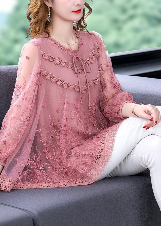 Organic Pink Embroidered Patchwork Tulle Tops Summer