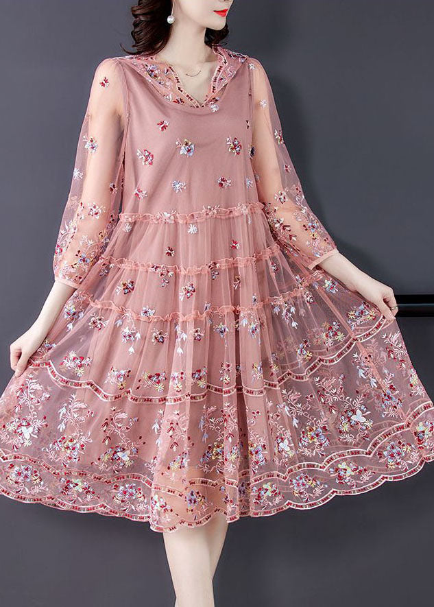 Organic Pink Hooded Embroidered Tulle A Line Dress Summer