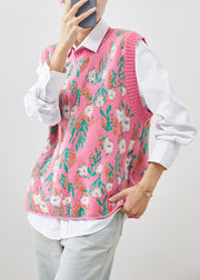 Organic Pink Jacquard Thick Knit Vest Tops Spring