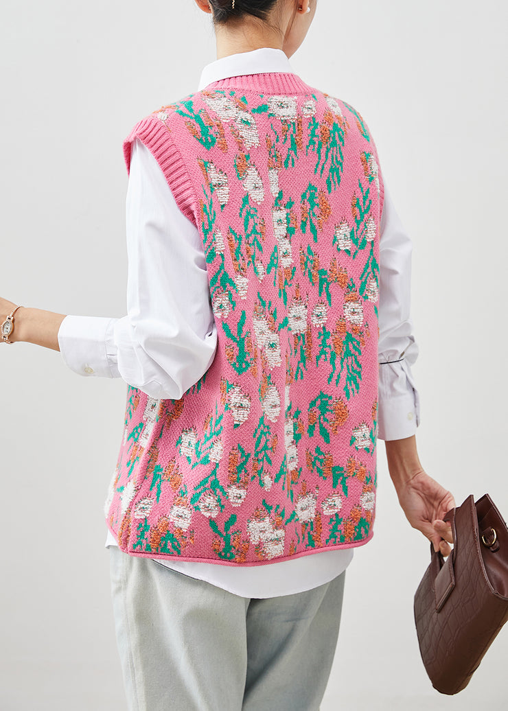 Organic Pink Jacquard Thick Knit Vest Tops Spring