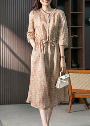 Organic Pink O-Neck Print Drawstring Linen Maxi Dresses Summer