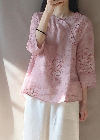 Organic Pink Print Blouses For Women O Neck Chinese Button Daily Tops - SooLinen