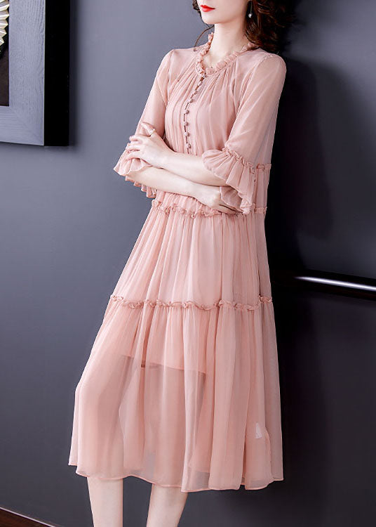 Organic Pink Ruffled Patchwork Silk Dresses Half Sleeve