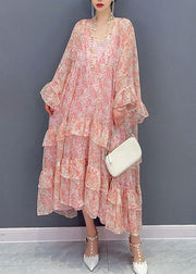 Organic Pink Ruffled Print Patchwork Chiffon Two Piece Suit Dresses Summer