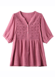 Organic Pink V Neck Wrinkled Button Shirts Half Sleeve