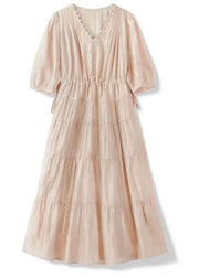 Organic Pink V Neck Wrinkled Patchwork Silk Holiday Dresses Summer