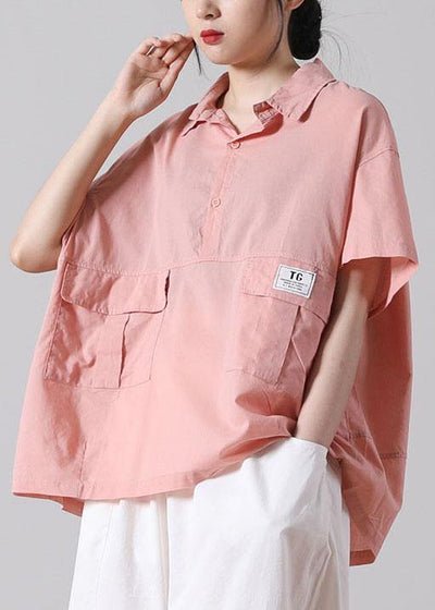 Organic Pink low high design Cotton Short Sleeve Blouses - SooLinen