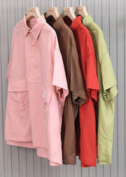 Organic Pink low high design Cotton Short Sleeve Blouses - SooLinen