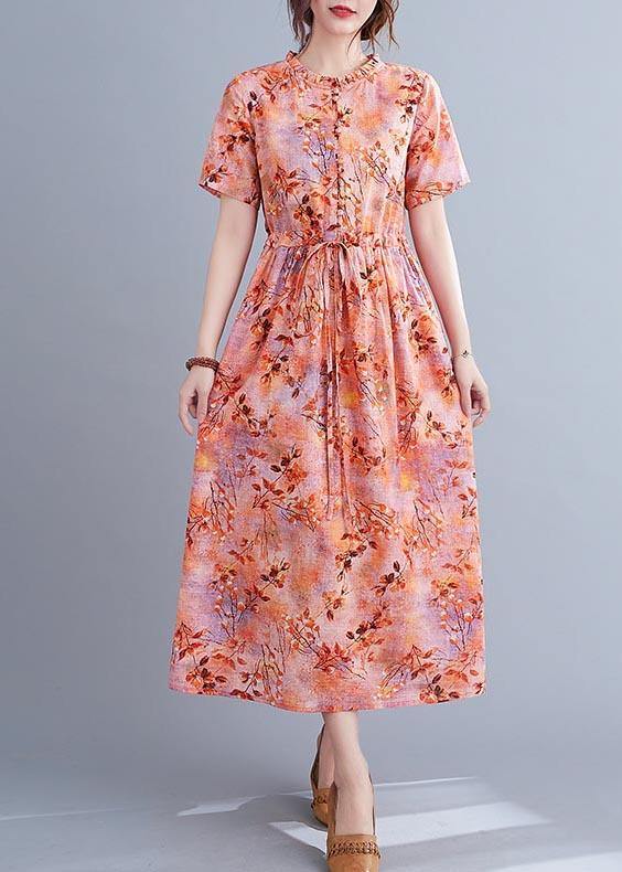 Organic Print tie waist Cotton Ruffled Summer Maxi Dress - SooLinen