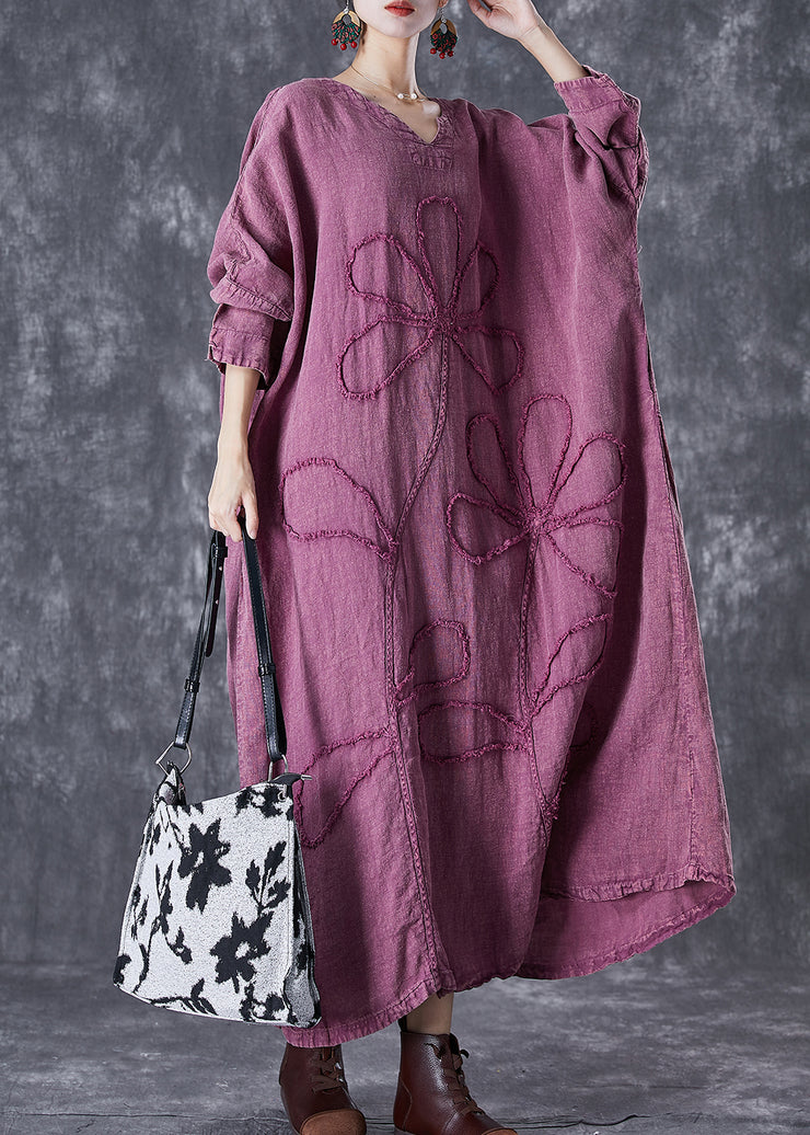 Organic Purple Embroidered Floral Linen Maxi Dresses Fall