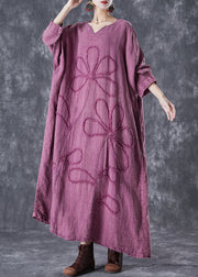 Organic Purple Embroidered Floral Linen Maxi Dresses Fall