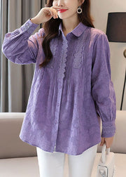 Organic Purple Embroidered Lace Patchwork Cotton Shirts Tops Spring
