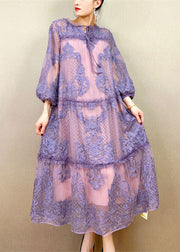 Organic Purple Embroidered Lace Up Patchwork Tulle Dresses Summer