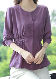 Organic Purple O Neck Wrinkled Lace Up Patchwork Cotton Top Long Sleeve
