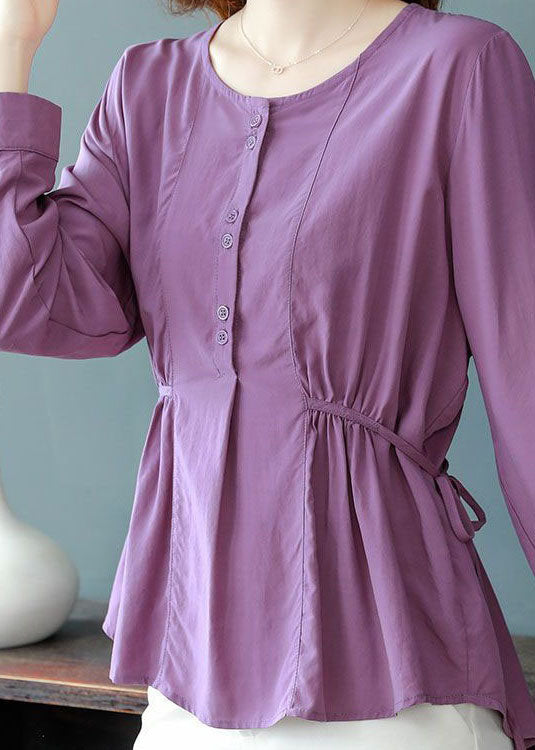 Organic Purple O Neck Wrinkled Lace Up Patchwork Cotton Top Long Sleeve