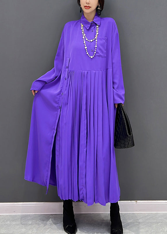 Organic Purple Peter Pan Collar Wrinkled Button Maxi Dress Fall